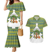 Ecuador Christmas Couples Matching Mermaid Dress and Hawaiian Shirt with Ceibo Tree Llama Toucan and Traditional Yellow Blue Pattern Design - Wonder Print Shop
