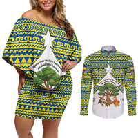 Ecuador Christmas Couples Matching Off Shoulder Short Dress and Long Sleeve Button Shirt with Ceibo Tree Llama Toucan and Traditional Yellow Blue Pattern Design - Wonder Print Shop