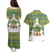 Ecuador Christmas Couples Matching Puletasi and Hawaiian Shirt with Ceibo Tree Llama Toucan and Traditional Yellow Blue Pattern Design - Wonder Print Shop