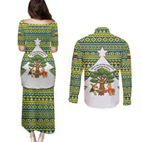 Ecuador Christmas Couples Matching Puletasi and Long Sleeve Button Shirt with Ceibo Tree Llama Toucan and Traditional Yellow Blue Pattern Design - Wonder Print Shop