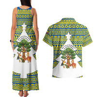 Ecuador Christmas Couples Matching Tank Maxi Dress and Hawaiian Shirt with Ceibo Tree Llama Toucan and Traditional Yellow Blue Pattern Design - Wonder Print Shop
