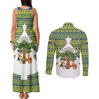 Ecuador Christmas Couples Matching Tank Maxi Dress and Long Sleeve Button Shirt with Ceibo Tree Llama Toucan and Traditional Yellow Blue Pattern Design - Wonder Print Shop