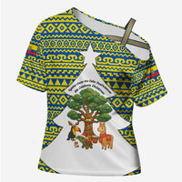 Ecuador Christmas Cross Shoulder Shirt with Ceibo Tree Llama Toucan and Traditional Yellow Blue Pattern Design - Wonder Print Shop