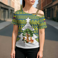Ecuador Christmas Cross Shoulder Shirt with Ceibo Tree Llama Toucan and Traditional Yellow Blue Pattern Design - Wonder Print Shop