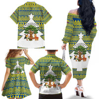 Ecuador Christmas Family Matching Off The Shoulder Long Sleeve Dress and Hawaiian Shirt with Ceibo Tree Llama Toucan and Traditional Yellow Blue Pattern Design - Wonder Print Shop