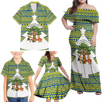 Ecuador Christmas Family Matching Off Shoulder Maxi Dress and Hawaiian Shirt with Ceibo Tree Llama Toucan and Traditional Yellow Blue Pattern Design - Wonder Print Shop