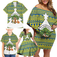 Ecuador Christmas Family Matching Off Shoulder Short Dress and Hawaiian Shirt with Ceibo Tree Llama Toucan and Traditional Yellow Blue Pattern Design - Wonder Print Shop