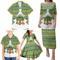 Ecuador Christmas Family Matching Puletasi and Hawaiian Shirt with Ceibo Tree Llama Toucan and Traditional Yellow Blue Pattern Design - Wonder Print Shop