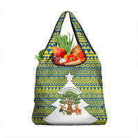 Ecuador Christmas Grocery Bag with Ceibo Tree Llama Toucan and Traditional Yellow Blue Pattern Design - Wonder Print Shop