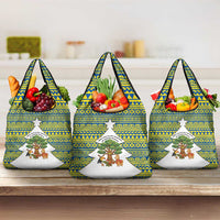 Ecuador Christmas Grocery Bag with Ceibo Tree Llama Toucan and Traditional Yellow Blue Pattern Design - Wonder Print Shop