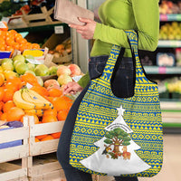 Ecuador Christmas Grocery Bag with Ceibo Tree Llama Toucan and Traditional Yellow Blue Pattern Design - Wonder Print Shop
