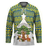 Ecuador Christmas Hockey Jersey with Ceibo Tree Llama Toucan and Traditional Yellow Blue Pattern Design - Wonder Print Shop
