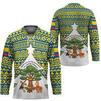 Ecuador Christmas Hockey Jersey with Ceibo Tree Llama Toucan and Traditional Yellow Blue Pattern Design - Wonder Print Shop