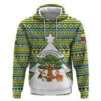Ecuador Christmas Hoodie with Ceibo Tree Llama Toucan and Traditional Yellow Blue Pattern Design - Wonder Print Shop