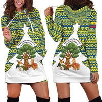 Ecuador Christmas Hoodie Dress with Ceibo Tree Llama Toucan and Traditional Yellow Blue Pattern Design - Wonder Print Shop