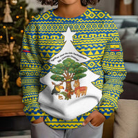 Ecuador Christmas Kid Ugly Christmas Sweater with Ceibo Tree Llama Toucan and Traditional Yellow Blue Pattern Design - Wonder Print Shop