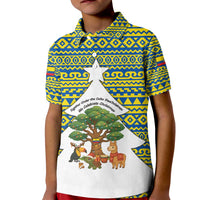 Ecuador Christmas Kid Polo Shirt with Ceibo Tree Llama Toucan and Traditional Yellow Blue Pattern Design - Wonder Print Shop