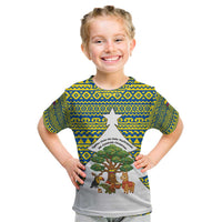 Ecuador Christmas Kid T Shirt with Ceibo Tree Llama Toucan and Traditional Yellow Blue Pattern Design - Wonder Print Shop