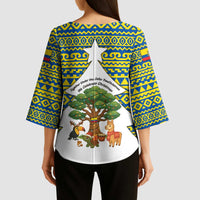 Ecuador Christmas Kimono Sleeve Blouse with Ceibo Tree Llama Toucan and Traditional Yellow Blue Pattern Design - Wonder Print Shop