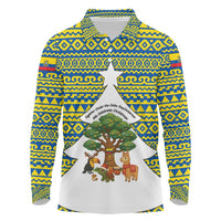 Ecuador Christmas Long Sleeve Polo Shirt with Ceibo Tree Llama Toucan and Traditional Yellow Blue Pattern Design - Wonder Print Shop