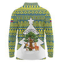 Ecuador Christmas Long Sleeve Polo Shirt with Ceibo Tree Llama Toucan and Traditional Yellow Blue Pattern Design - Wonder Print Shop