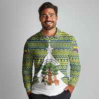 Ecuador Christmas Long Sleeve Polo Shirt with Ceibo Tree Llama Toucan and Traditional Yellow Blue Pattern Design - Wonder Print Shop