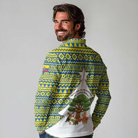 Ecuador Christmas Long Sleeve Polo Shirt with Ceibo Tree Llama Toucan and Traditional Yellow Blue Pattern Design - Wonder Print Shop