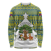 Ecuador Christmas Long Sleeve Shirt with Ceibo Tree Llama Toucan and Traditional Yellow Blue Pattern Design - Wonder Print Shop