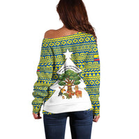 Ecuador Christmas Off Shoulder Sweater with Ceibo Tree Llama Toucan and Traditional Yellow Blue Pattern Design - Wonder Print Shop