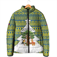 Ecuador Christmas Padded Jacket with Ceibo Tree Llama Toucan and Traditional Yellow Blue Pattern Design - Wonder Print Shop