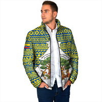 Ecuador Christmas Padded Jacket with Ceibo Tree Llama Toucan and Traditional Yellow Blue Pattern Design - Wonder Print Shop