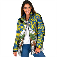 Ecuador Christmas Padded Jacket with Ceibo Tree Llama Toucan and Traditional Yellow Blue Pattern Design - Wonder Print Shop