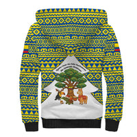 Ecuador Christmas Sherpa Hoodie with Ceibo Tree Llama Toucan and Traditional Yellow Blue Pattern Design - Wonder Print Shop