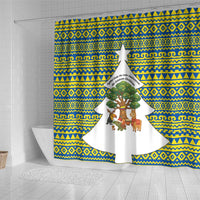 Ecuador Christmas Shower Curtain with Ceibo Tree Llama Toucan and Traditional Yellow Blue Pattern Design - Wonder Print Shop