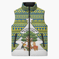 Ecuador Christmas Sleeveless Puffer Jacket with Ceibo Tree Llama Toucan and Traditional Yellow Blue Pattern Design - Wonder Print Shop