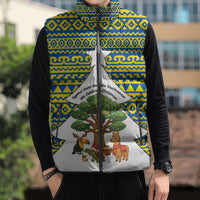 Ecuador Christmas Sleeveless Puffer Jacket with Ceibo Tree Llama Toucan and Traditional Yellow Blue Pattern Design - Wonder Print Shop