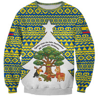 Ecuador Christmas Sweatshirt with Ceibo Tree Llama Toucan and Traditional Yellow Blue Pattern Design - Wonder Print Shop