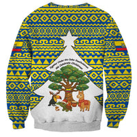 Ecuador Christmas Sweatshirt with Ceibo Tree Llama Toucan and Traditional Yellow Blue Pattern Design - Wonder Print Shop