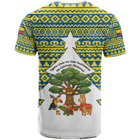 Ecuador Christmas T Shirt with Ceibo Tree Llama Toucan and Traditional Yellow Blue Pattern Design - Wonder Print Shop