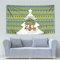 Ecuador Christmas Tapestry with Ceibo Tree Llama Toucan and Traditional Yellow Blue Pattern Design - Wonder Print Shop