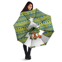 Ecuador Christmas Umbrella with Ceibo Tree Llama Toucan and Traditional Yellow Blue Pattern Design - Wonder Print Shop