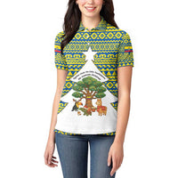 Ecuador Christmas Women Polo Shirt with Ceibo Tree Llama Toucan and Traditional Yellow Blue Pattern Design - Wonder Print Shop