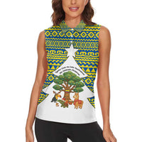 Ecuador Christmas Women Sleeveless Polo Shirt with Ceibo Tree Llama Toucan and Traditional Yellow Blue Pattern Design - Wonder Print Shop