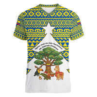 Ecuador Christmas Women V-Neck T-Shirt with Ceibo Tree Llama Toucan and Traditional Yellow Blue Pattern Design - Wonder Print Shop