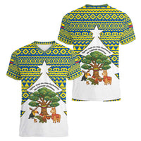 Ecuador Christmas Women V-Neck T-Shirt with Ceibo Tree Llama Toucan and Traditional Yellow Blue Pattern Design - Wonder Print Shop