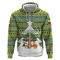 Ecuador Christmas Zip Hoodie with Ceibo Tree Llama Toucan and Traditional Yellow Blue Pattern Design - Wonder Print Shop