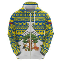 Ecuador Christmas Zip Hoodie with Ceibo Tree Llama Toucan and Traditional Yellow Blue Pattern Design - Wonder Print Shop