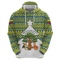 Ecuador Christmas Zip Hoodie with Ceibo Tree Llama Toucan and Traditional Yellow Blue Pattern Design - Wonder Print Shop