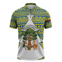 Ecuador Christmas Zipper Polo Shirt with Ceibo Tree Llama Toucan and Traditional Yellow Blue Pattern Design - Wonder Print Shop