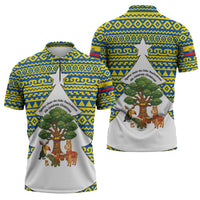 Ecuador Christmas Zipper Polo Shirt with Ceibo Tree Llama Toucan and Traditional Yellow Blue Pattern Design - Wonder Print Shop